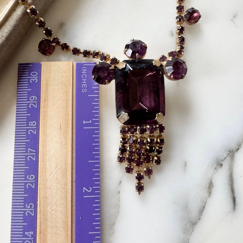 Vintage 1950s Purple Rhinestone Statement Necklace Tassel Sparkly Dressy Formal - Picture 5 of 6